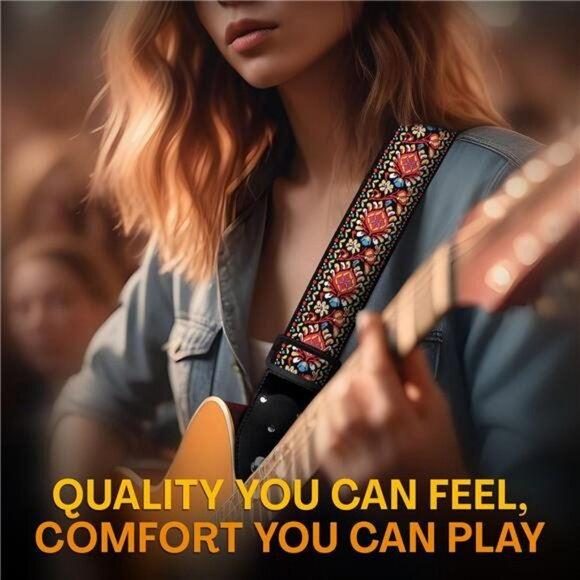 Guitar Strap Red Embroidered Adjustable with Strap Locks Picks Pick Pocket - Picture 5 of 7